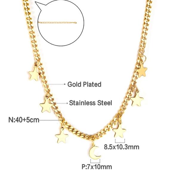 NEW 18K yellow gold plated Cuban chain boho star and moon necklace jewelry B 28A - Picture 3 of 10